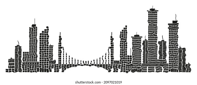 silhouettes of buildings destroyed by earthquake.