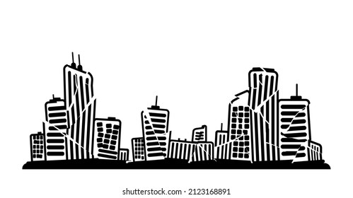 silhouettes of buildings destroyed by earthquake.
