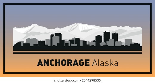  Siluetas de edificios en el horizonte de Anchorage en marco negro. Vector sobre un fondo de color.