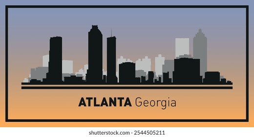 Siluetas de edificios en el horizonte de Atlanta en marco negro. Vector sobre un fondo de color.