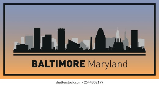 Siluetas de edificios en el horizonte de Baltimore en marco negro. Vector sobre un fondo de color.