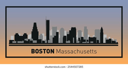 Siluetas de edificios en el horizonte de Boston en marco negro. Vector sobre un fondo de color.