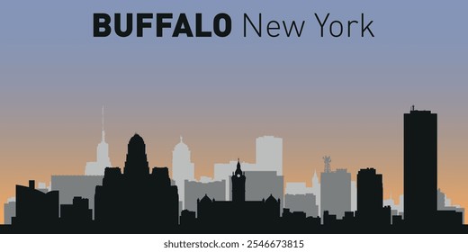 Silhouetten von Gebäuden auf Buffalo Skyline in schwarzem Rahmen. Vektor auf buntem Hintergrund.