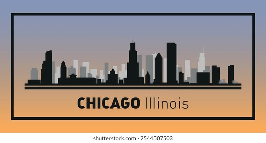 Siluetas de edificios en el horizonte de Chicago en marco negro. Vector sobre un fondo de color.