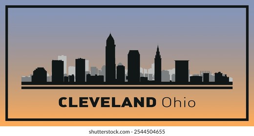 Siluetas de edificios en el horizonte de Cleveland en marco negro. Vector sobre un fondo de color.