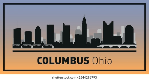 Silhouettes of buildings on Columbus skyline in black frame. Vector on a colored background.