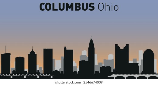  Silhouettes of buildings on Columbus skyline in black frame. Vector on a colored background.