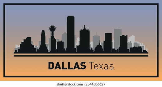 Silhouettes of buildings on Dallas skyline in black frame. Vector on a colored background.