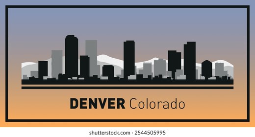 Siluetas de edificios en el horizonte de Denver en marco negro. Vector sobre un fondo de color.