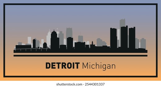 Siluetas de edificios en el horizonte de Detroit en marco negro. Vector sobre un fondo de color.