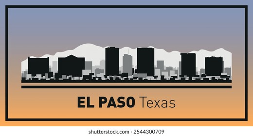 Silhouettes of buildings on El Paso skyline in black frame. Vector on a colored background.