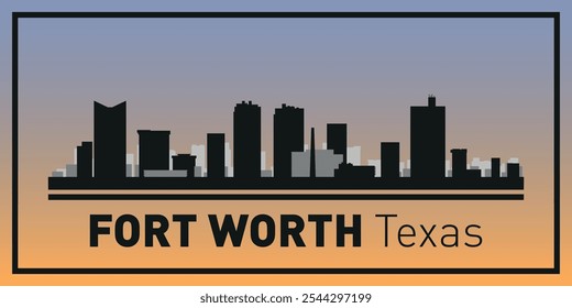 Siluetas de edificios en el horizonte de Fort Worth en marco negro. Vector sobre un fondo de color.