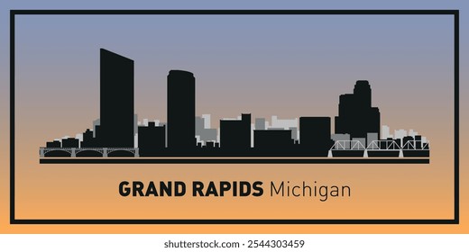 Siluetas de edificios en el horizonte de Grand Rapids en marco negro. Vector sobre un fondo de color.