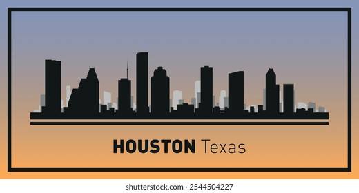 Silhouettes of buildings on Houston skyline in black frame. Vector on a colored background.
