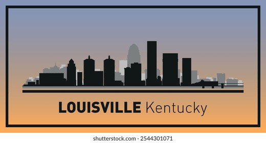 Siluetas de edificios en el horizonte de Louisville en marco negro. Vector sobre un fondo de color.