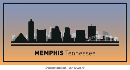 Siluetas de edificios en el horizonte de Memphis en marco negro. Vector sobre un fondo de color.