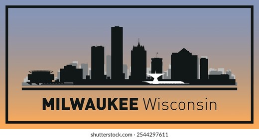 Siluetas de edificios en el horizonte de Milwaukee en marco negro. Vector sobre un fondo de color.