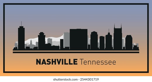 Siluetas de edificios en el horizonte de Nashville en marco negro. Vector sobre un fondo de color.