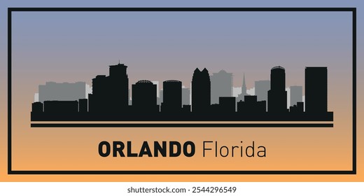 Siluetas de edificios en el horizonte de Orlando en marco negro. Vector sobre un fondo de color.