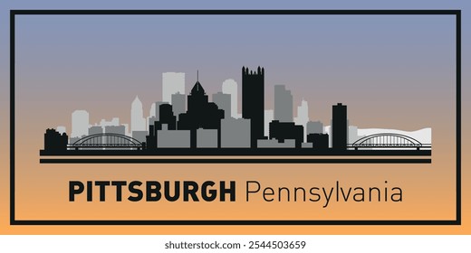 Siluetas de edificios en el horizonte de Pittsburgh en marco negro. Vector sobre un fondo de color.