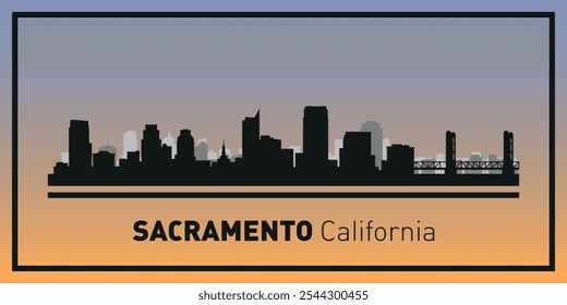 Siluetas de edificios en el horizonte de Sacramento en marco negro. Vector sobre un fondo de color.