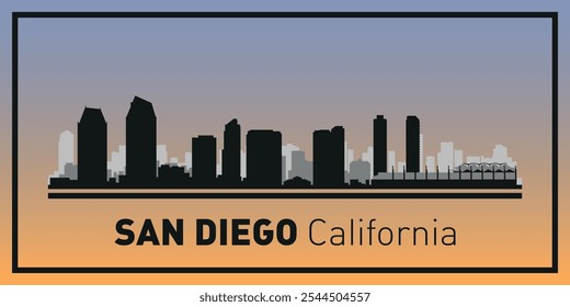 Siluetas de edificios en el horizonte de San Diego en marco negro. Vector sobre un fondo de color.