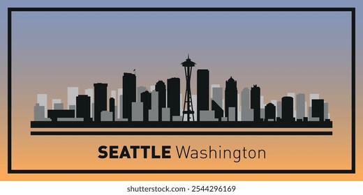 Silhouettes of buildings on Seattle skyline in black frame. Vector on a colored background.