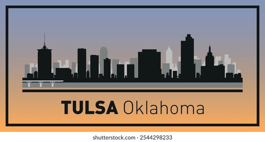 Silhuetas de edifícios no horizonte de Tulsa em moldura preta. Vetor em um fundo colorido.