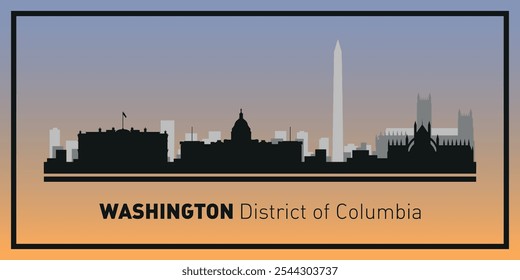 Siluetas de edificios en el horizonte de Washington en marco negro. Vector sobre un fondo de color.