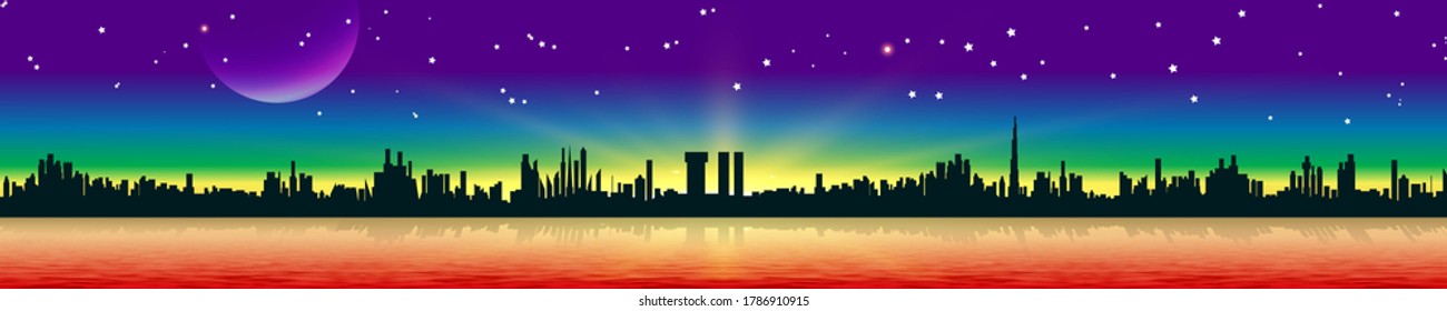 silhouettes of buildings are reflected in the water of the bay against the background of the starry sky with the moon. bright colorful urban banner. vector
