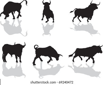silhouettes of bulls in different positions with shade