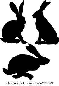 Silhouettes of bunnies in different poses. vector black and white line drawing. For your design and coloring books. Isolated drawing. Hand-drawn.