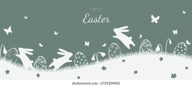 Siluetas de conejos y huevos de Pascua en el prado