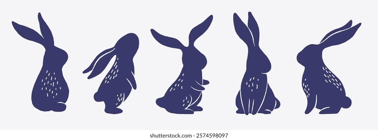 Silhouettes of cute bunnies in various poses isolated on a white background. Minimalistic vector illustration. Easter and springtime design concept for greeting cards, invitations, and prints.