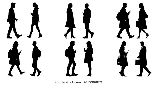 Silhouettes of Business and Casual People Walking and Using Smartphones