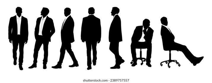 Silhouettes of business man walking, standing full length, sitting in different poses front, side, back view. Vector black illustration isolated  on white background . Avatar, icons for website.