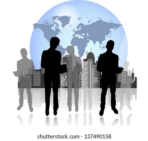 Silhouettes of business man and woman with international background