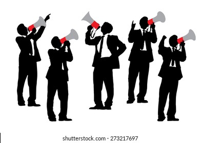 Silhouettes of Business men shouting by megaphone isolated on white background