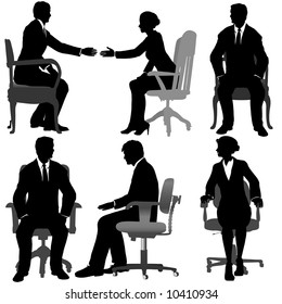 Silhouettes of Business men & women sit on office chairs, meeting, talking, making business deals.