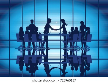 Silhouettes of Business partnership handshake, Successful deal after great meeting in co working, business conceptual vector illustration.