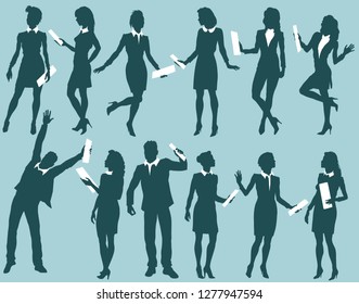 Silhouettes of business people with documents and forms. Vector illustration on blue background