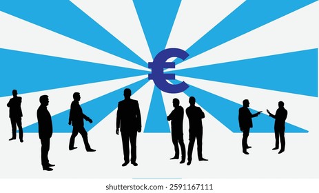 Silhouettes of Business People with Euro Sign in the Background. Trading finances and company CEO leadership, HR finding white collar work concept vector art