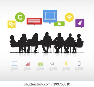 Silhouettes of business people having a meeting and multi-colored speech bubbles with global networking themed symbols.