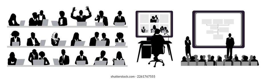 Silhouettes of business people meeting, conference vector illustrations.