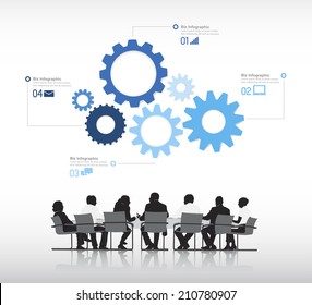 Silhouettes of Business People Meeting and Gear Symbols