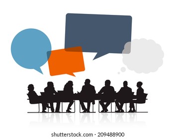 Silhouettes of Business People in a Meeting and Speech Bubbles