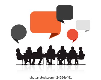 Silhouettes of Business People in a Meeting and Speech Bubbles Vector