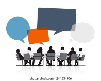 Silhouettes of Business People in a Meeting and Speech Bubbles