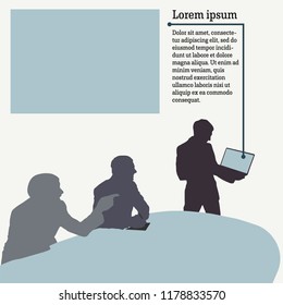 Silhouettes of business people in a meeting at a table. Speaker with laptop in hands. Vector illustration.