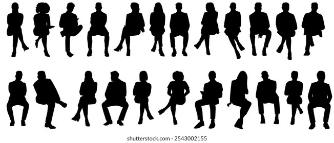 Silhouettes of business people, men and women sitting full length. Vector illustration isolated on transparent background.